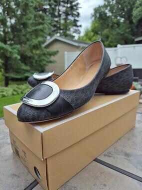 Michael Kors 'Pauline' Black Logo Flat Shoe, Size 9.5